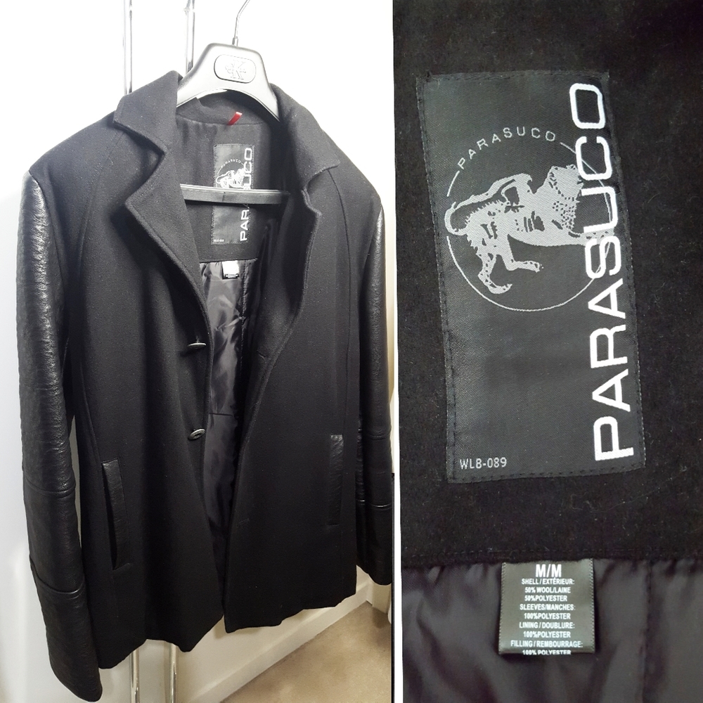 🔻Men's Parasuco🖤Black Wool Blend Pea Jacket Coat| Faux Leather Sleeves